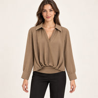 Modelo virtual creada con IA — brown long sleeve collared deep V blouse with twisted front hem