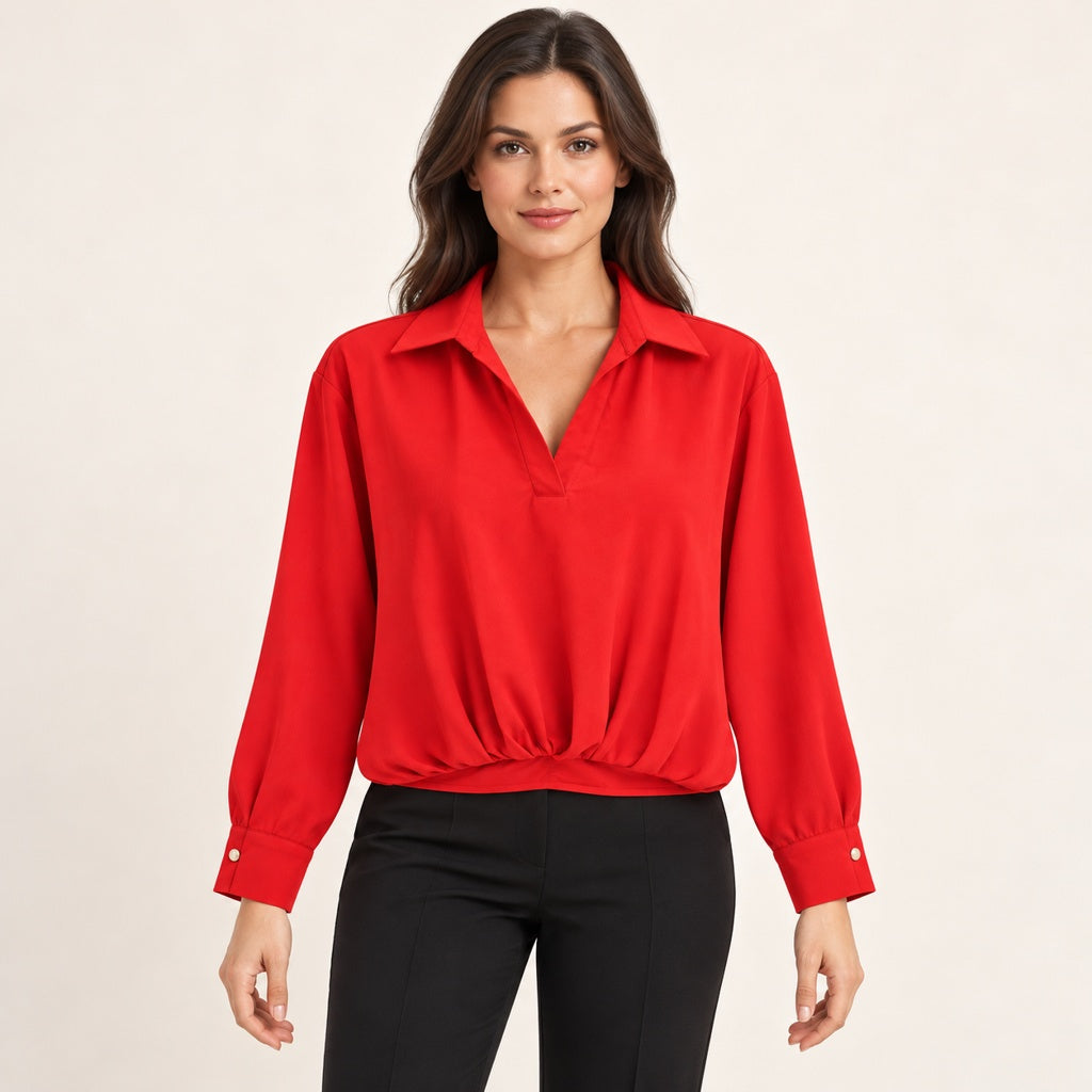 Modelo virtual creada con IA — red long sleeve collared deep V blouse with twisted front hem