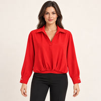 Modelo virtual creada con IA — red long sleeve collared deep V blouse with twisted front hem