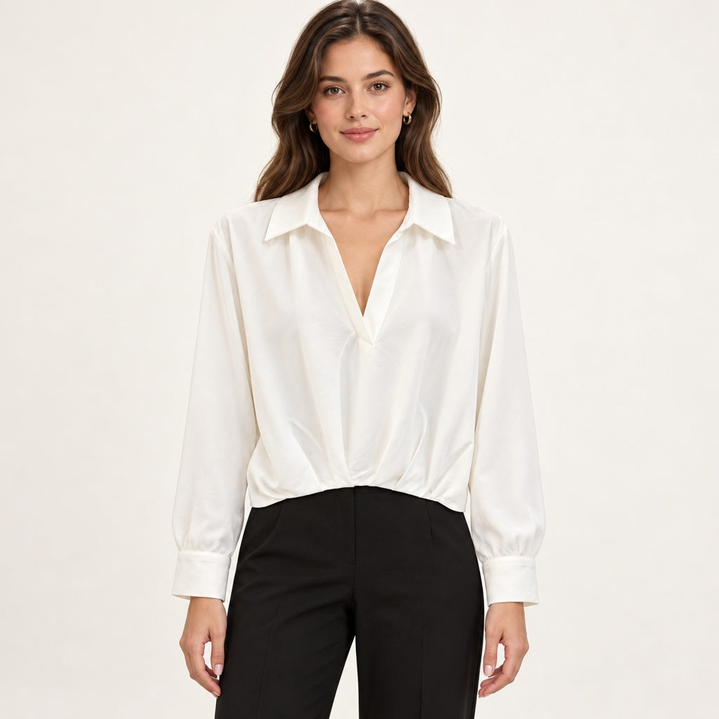 Modelo virtual creada con IA — white long sleeve collared deep V blouse with twisted front hem