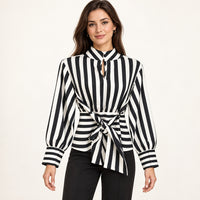 Modelo virtual creada con IA — black white striped long sleeve collared blouse with front waist bow