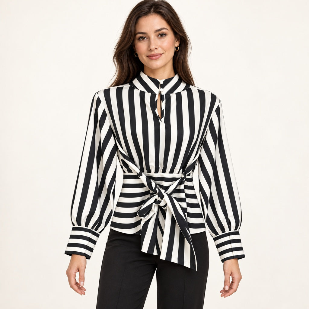 Modelo virtual creada con IA — black white striped long sleeve collared blouse with front waist bow
