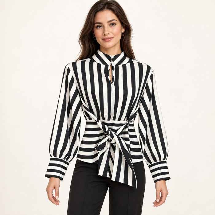 Modelo virtual creada con IA — black white striped long sleeve collared blouse with front waist bow