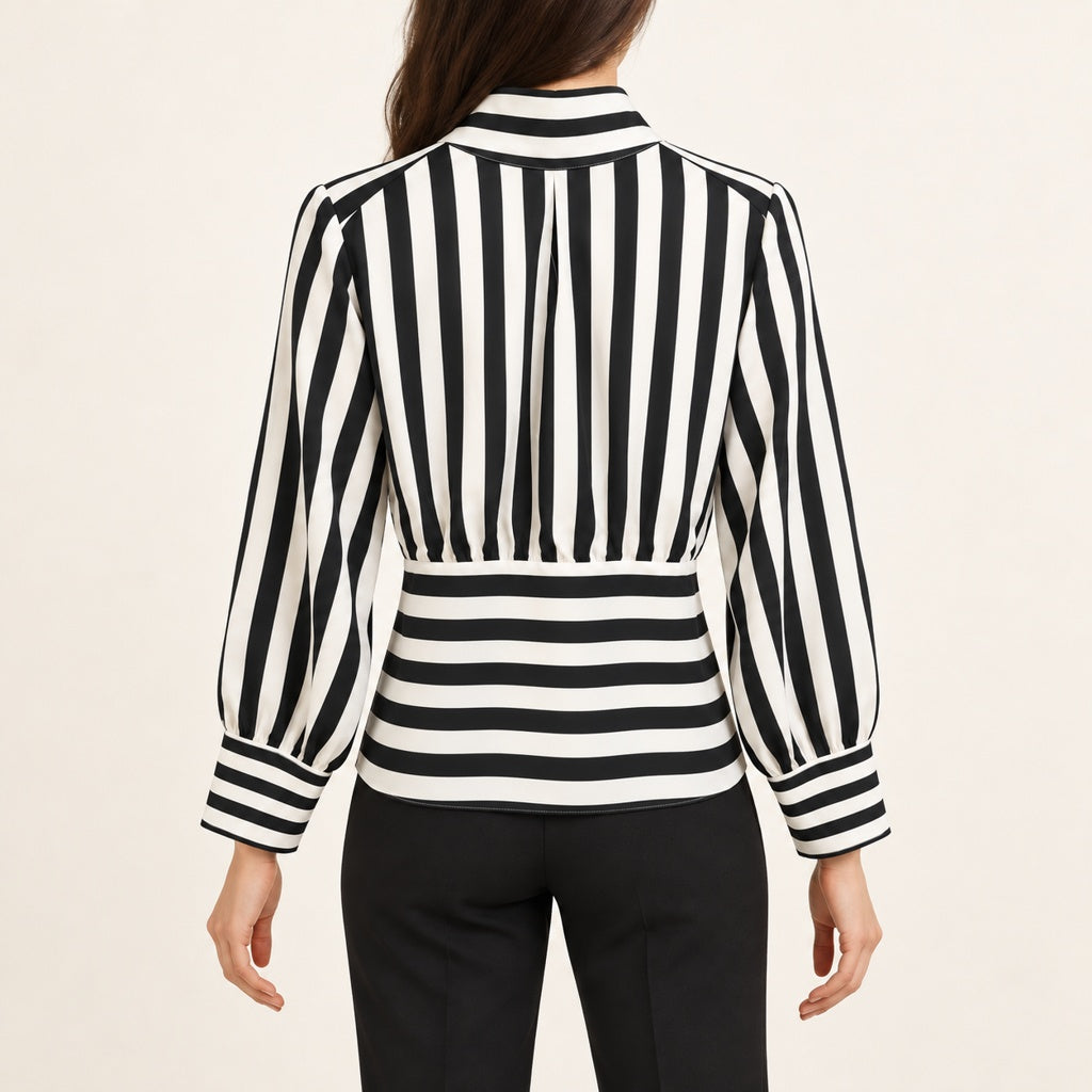 Modelo virtual creada con IA — BACK VIEW black white striped blouse with horizontal striped lower back panel
