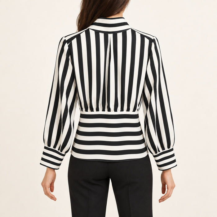 Modelo virtual creada con IA — BACK VIEW black white striped blouse with horizontal striped lower back panel