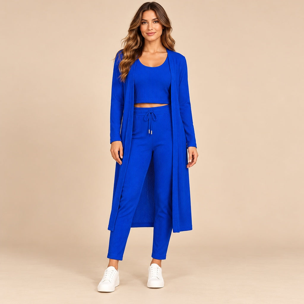 New Mix YC100-3PC azul royal: cárdigan largo, top y pantalón en modelo