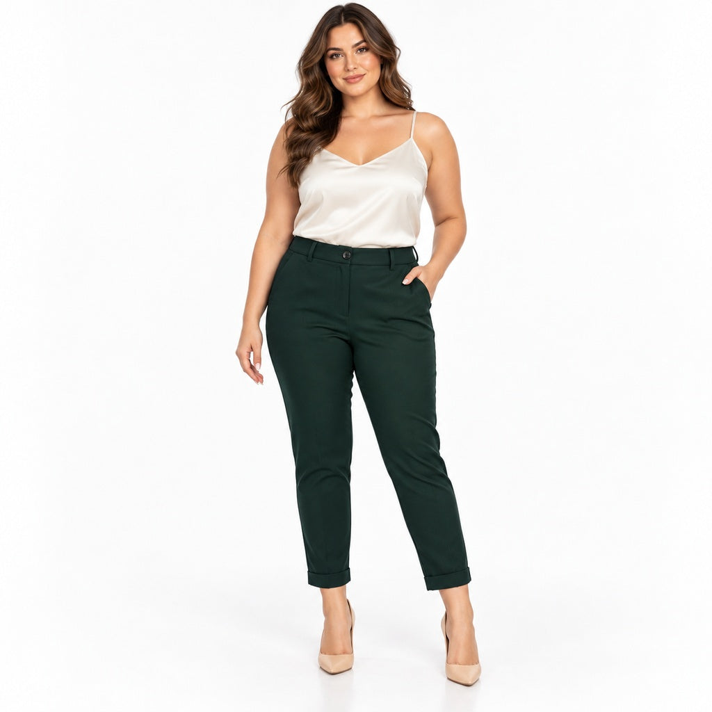 Pantalón Chocolate P6610 verde oscuro con vuelta en el bajo en modelo adulta, 1024 por 1024