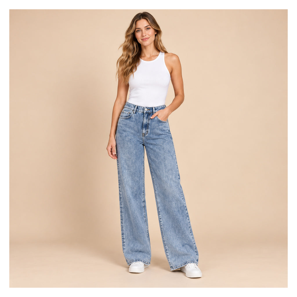 Jeans palazzo 509 en modelo completa — imagen generada con IA