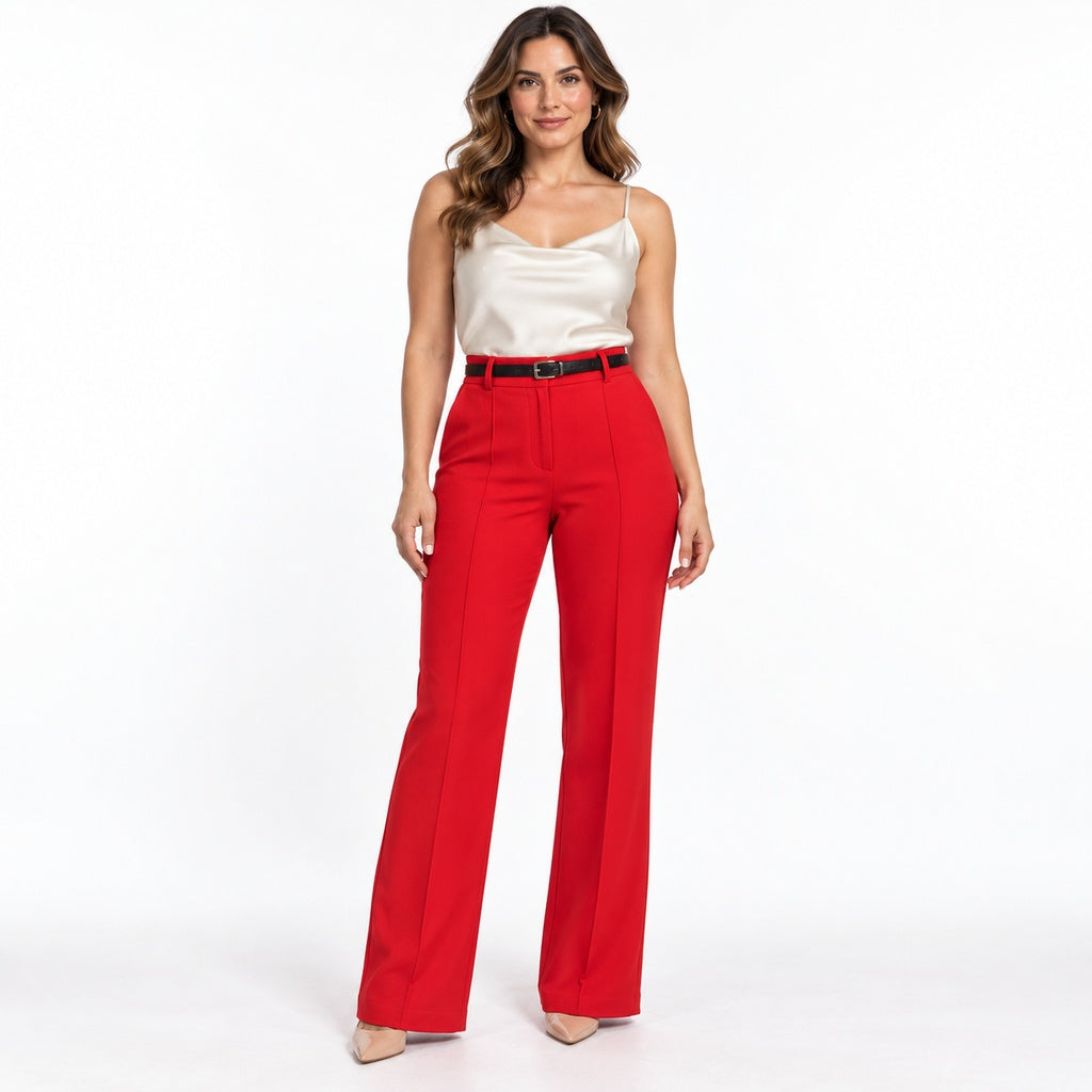 Pantalón rojo 1901 con cinturón negro en modelo adulta