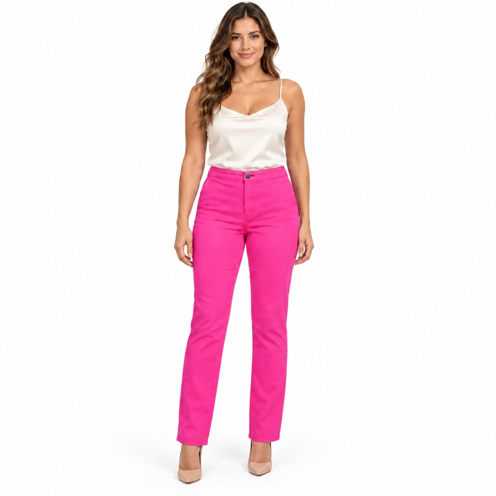 Pantalón rosado fucsia con botón delantero en modelo adulta