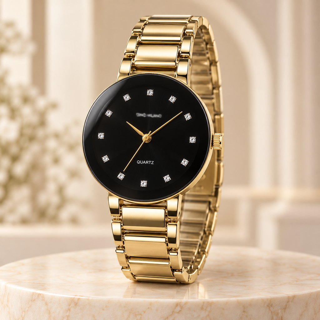 Reloj Negro Brillantes 93003 — pulsera dorada, toma inclinada, fondo Germania Jeans