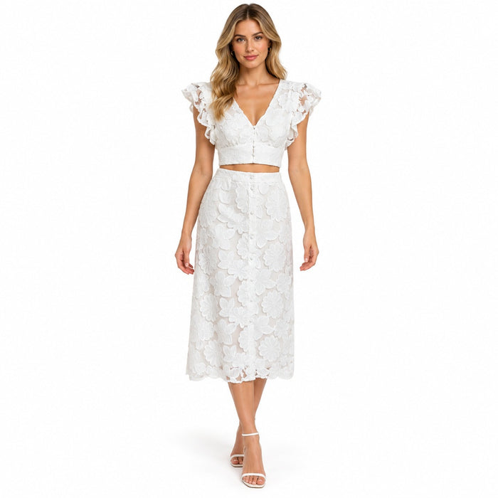 Conjunto de encaje floral con falda 45457 white en modelo virtual creada con IA