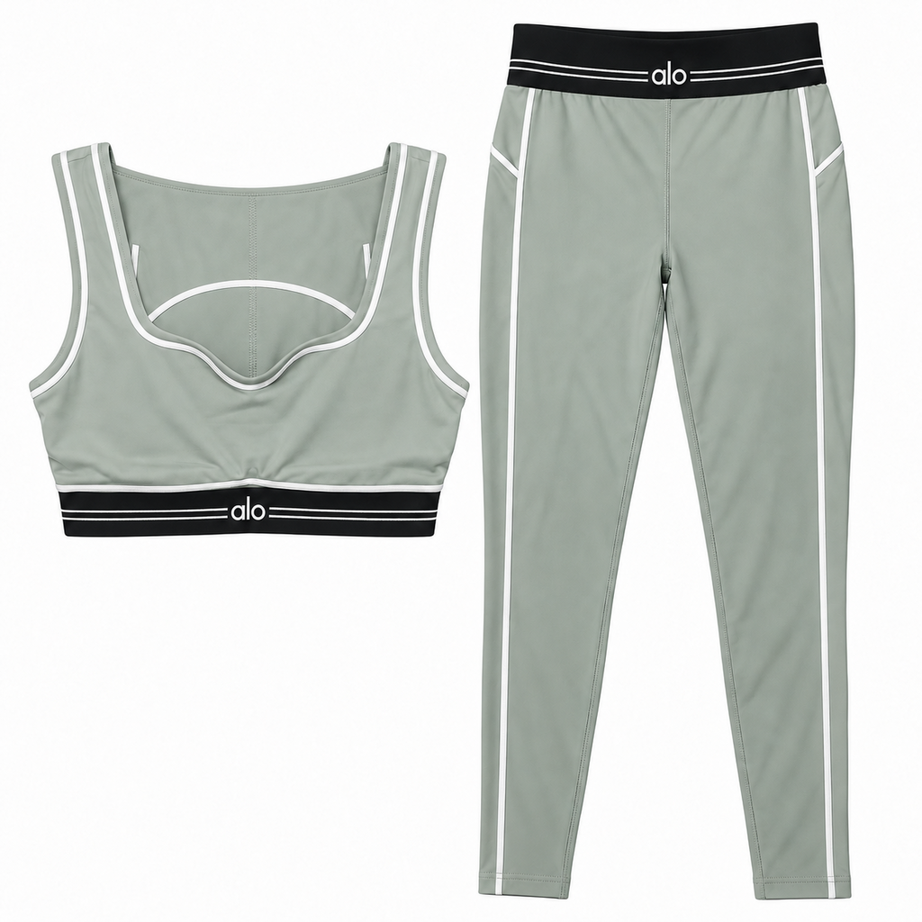 Conjunto deportivo ALO verde salvia con ribetes blancos