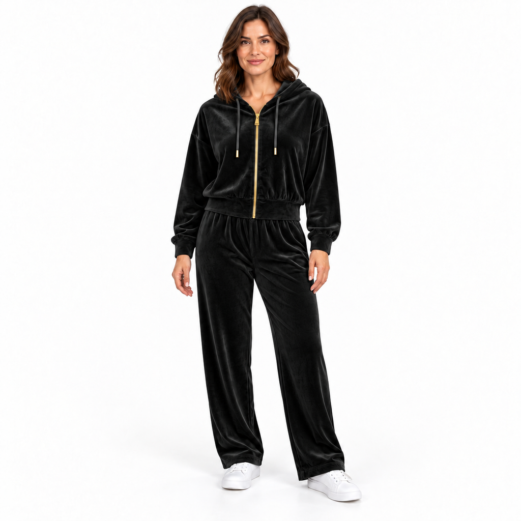 Conjunto Taylor-1 negro recreado en modelo virtual creada con IA