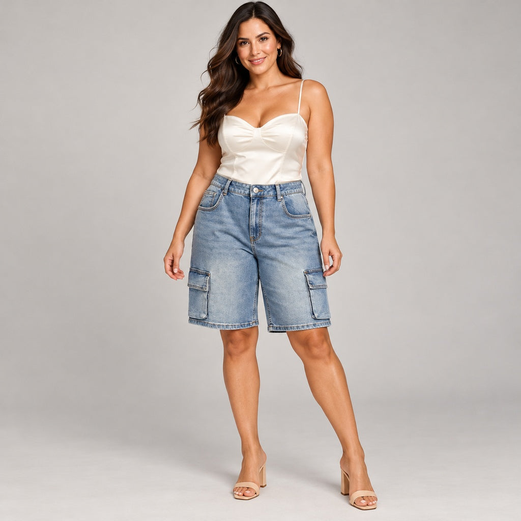 Short cargo en modelo adulta con blusa marfil