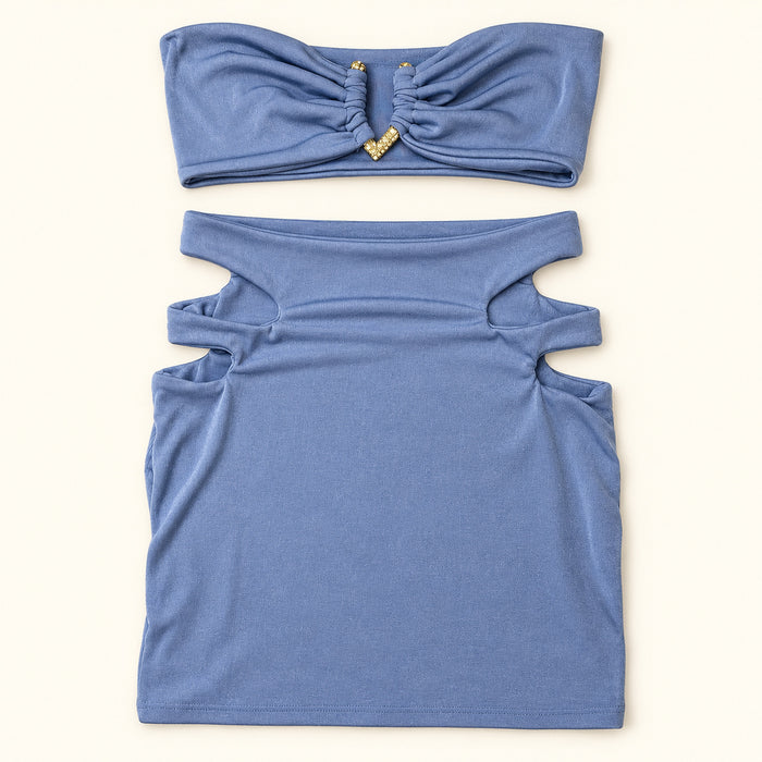 Skirt Set Blue S-1015, top y falda azul con aberturas laterales
