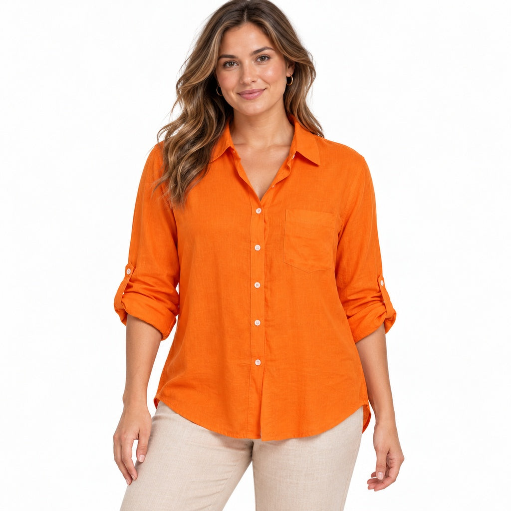 Camisa estilo 10330-naranja, foto con modelo sobre fondo blanco