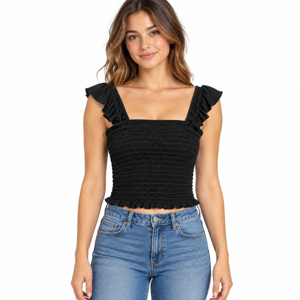 Blusa negra con fruncido y volantes 3828