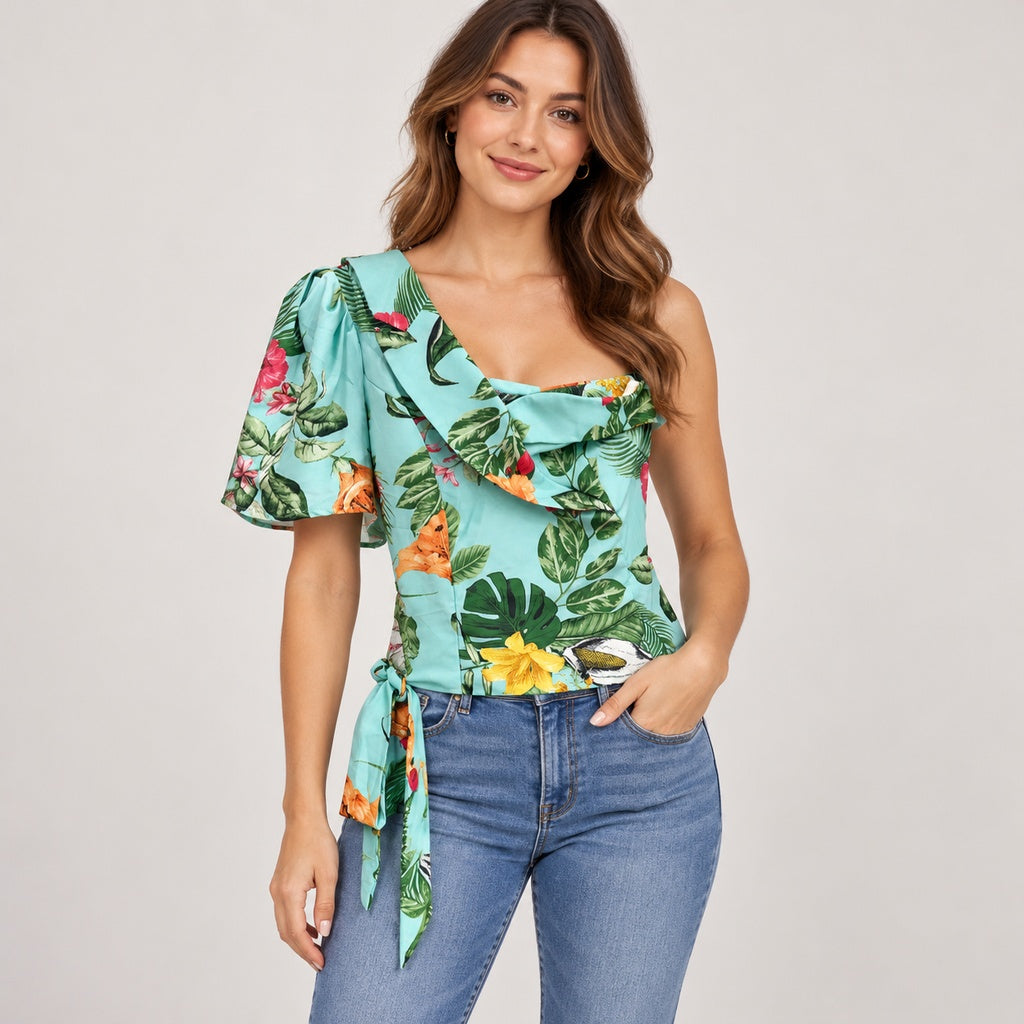 Top Milk Honey T019 aqua tropical de un hombro, talla M, en modelo