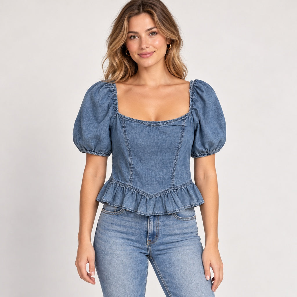 Top New Mix B1029 de mezclilla con mangas abullonadas, en modelo