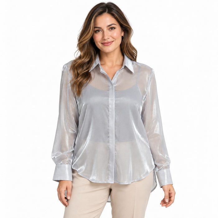 Camisa estilo t1612, foto con modelo sobre fondo blanco