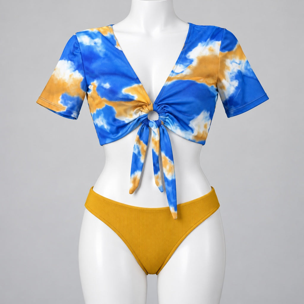 Traje de baño 8106 azul y mostaza en maniquí