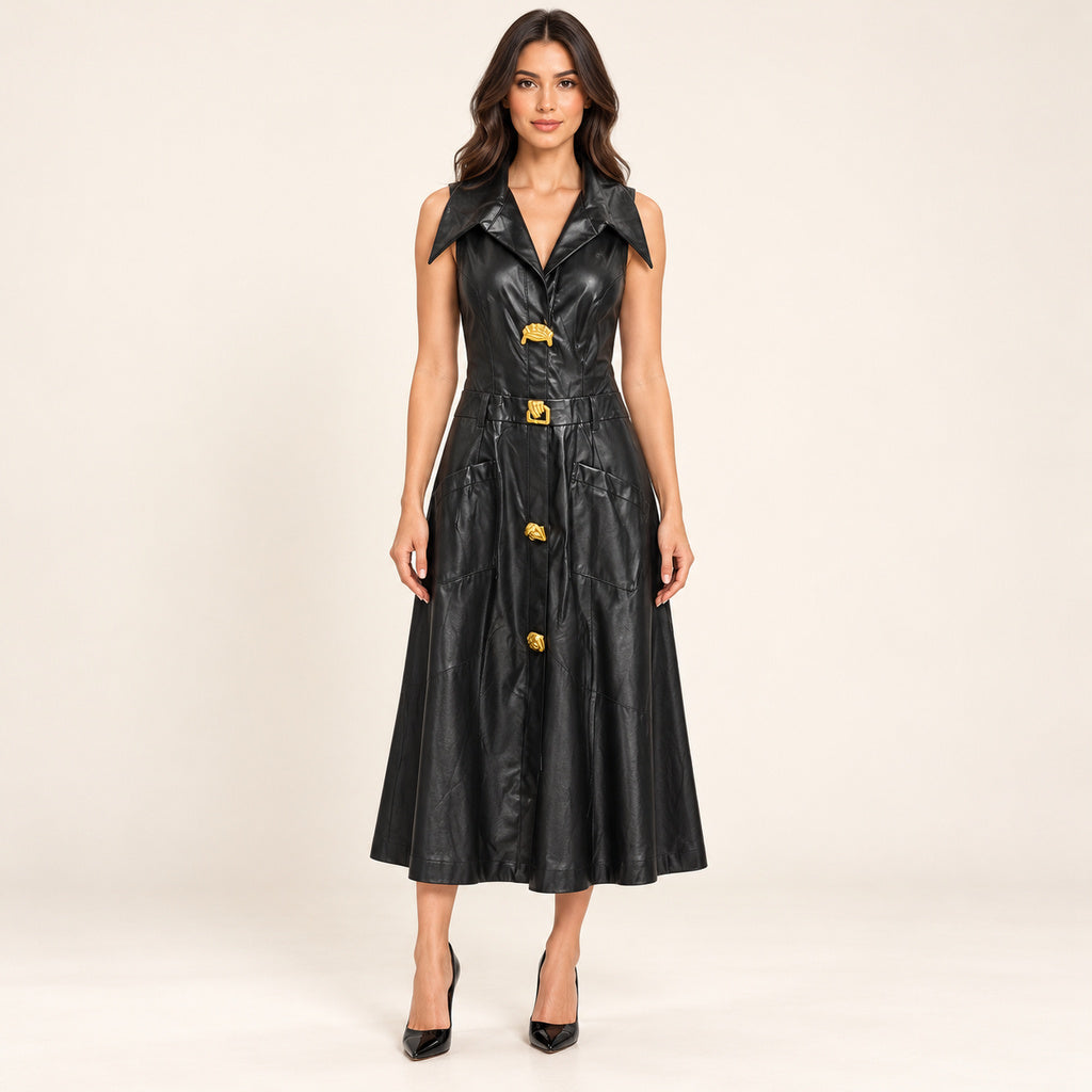 Vestido midi negro 60201 efecto piel con botones dorados y modelo